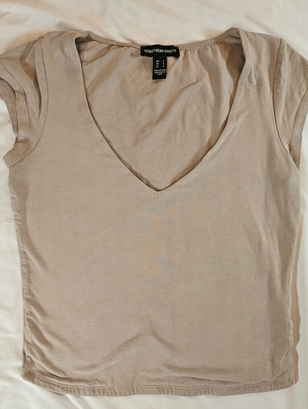 Streetwear Society Womens Beige Short Sleeve Cropped V-neck Top Size Large